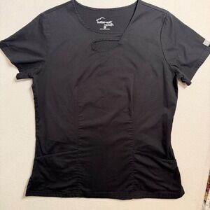 Butter-Soft Stretch Scrub Top Black Keyhole Neck Women Medium Pockets